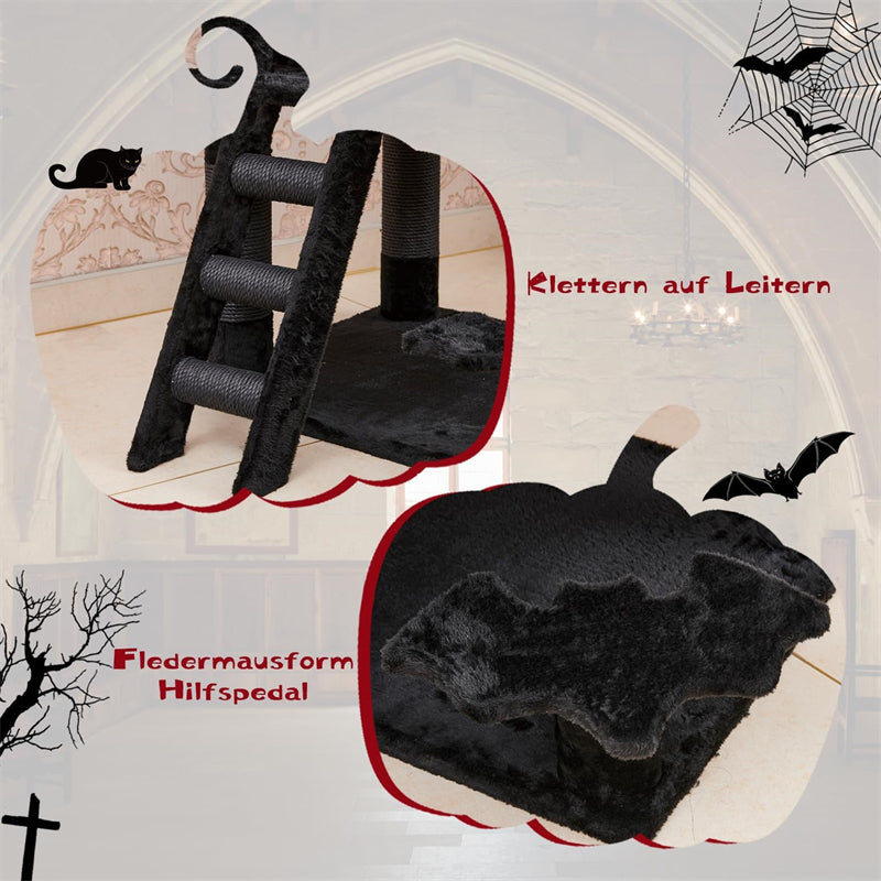 Gothic 55\" Cat Tower Spacious Wood Cat Condo with Spider Hanging Ball Printed Coffin Bed Black Halloween Cat Tree
