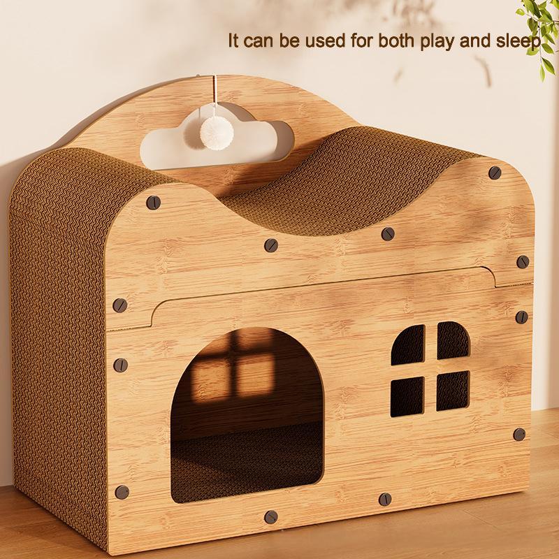 Corrugated Cardboard Cat House With Cat Toy Cat Scratcher Cat Product Wooden Cat House Cat Condo Cat House Scratch Pad