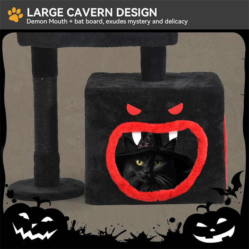 Gothic Halloween Cat Tree Spacious Spider Hanging Ball Scratching Post with Coffin Bed Cat Tower Black Indoor Wood Cat Tower