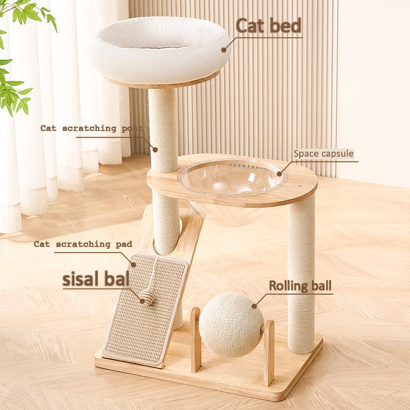 Luxury Large Solid Wood Cat Tree Tower With Cat Interactive Ball Toy Cat Climbing Frame With Cat Bed Cat Rolling Ball