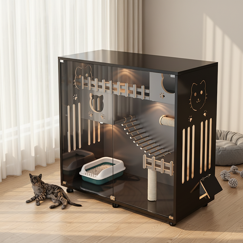 Luxurious Wooden Eco-Friendly Durable Double-Door Cat Villa, Creative Indoor Applicable, Large Pet Play Cage for Two Cats