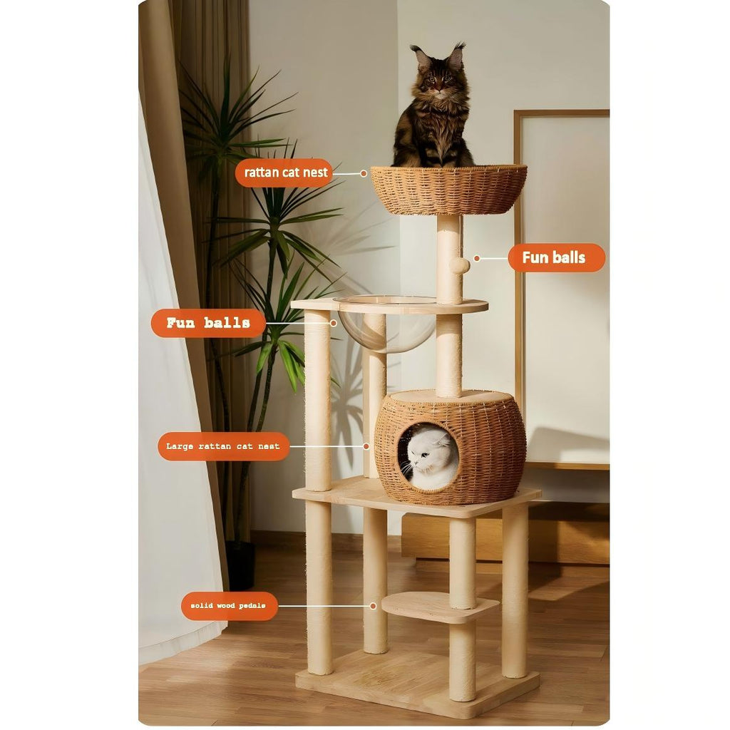 2026 Wood Wickerwork Cat Tree cat House Tower with 3 Levels Sisal Material Eco-Friendly Durable Cat Climbing Frame