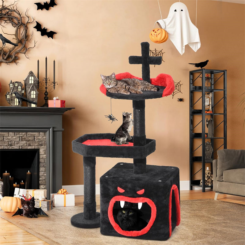 Gothic Halloween Cat Tree Spacious Spider Hanging Ball Scratching Post with Coffin Bed Cat Tower Black Indoor Wood Cat Tower