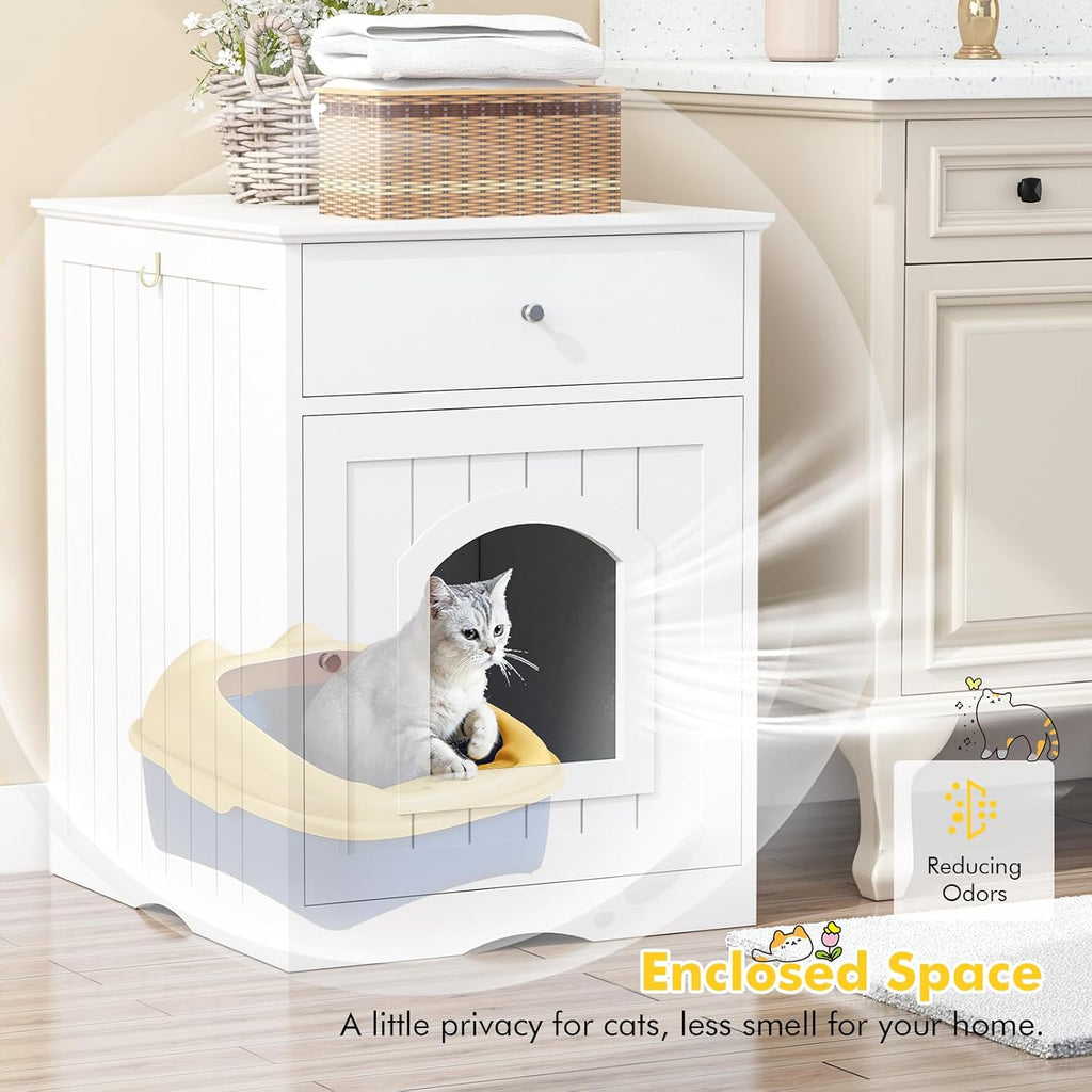 White Wooden Pet Furniture Hidden Cat Litter Box Enclosure Cabinet Drawer Cat Crate & End Table Fits Most Litter Boxes