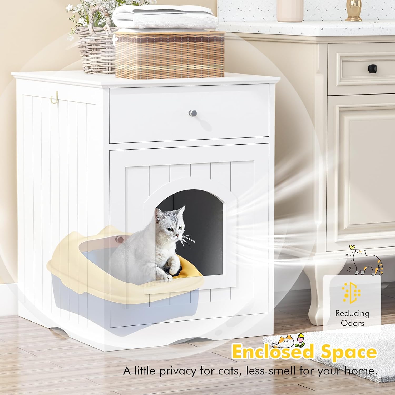 White Wooden Pet Furniture Hidden Cat Litter Box Enclosure Cabinet Drawer Cat Crate & End Table Fits Most Litter Boxes