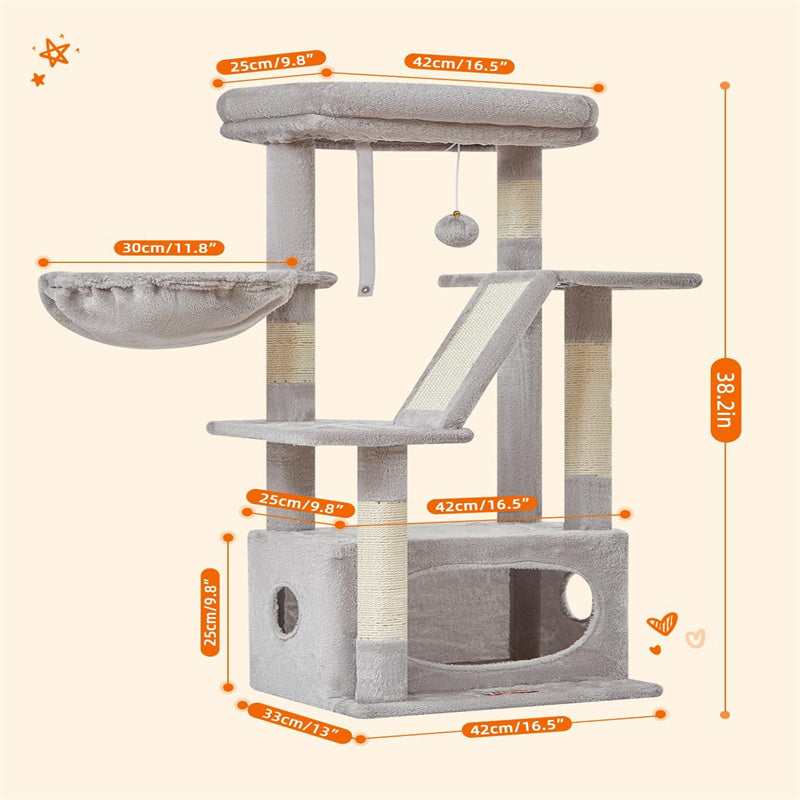 38.2-Inch Cat Tree for Indoor Kittens Luxurious Wood Cat Condo with Adjustable Baskets and Print Pattern