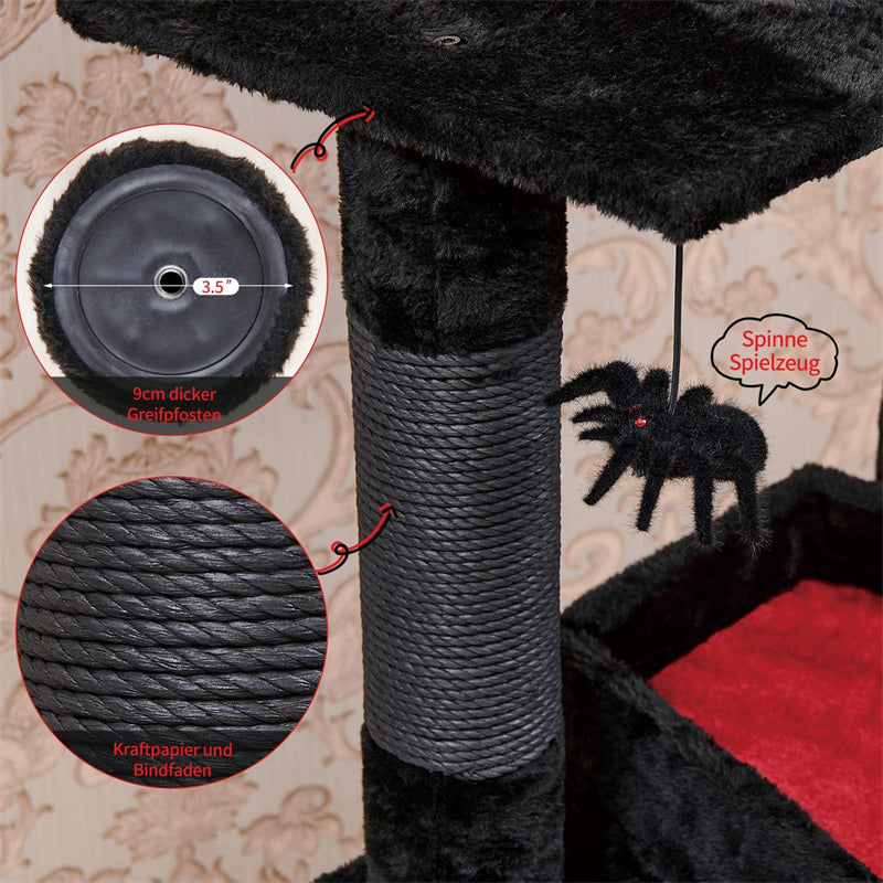 Gothic 55\" Cat Tower Spacious Wood Cat Condo with Spider Hanging Ball Printed Coffin Bed Black Halloween Cat Tree