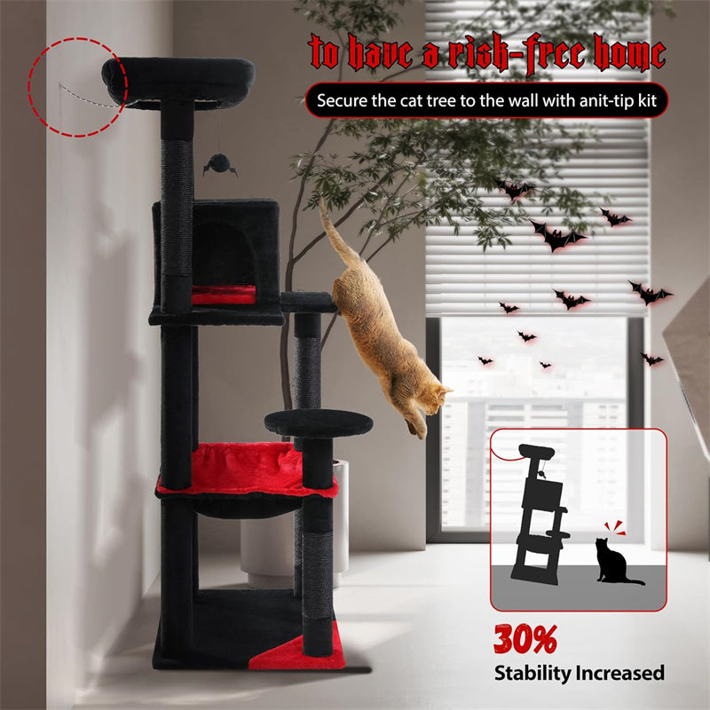 56.3" Gothic Cat Tree for Indoor Cats Sisal Covered Scratching Posts, Cozy Condo and Top Perch Black