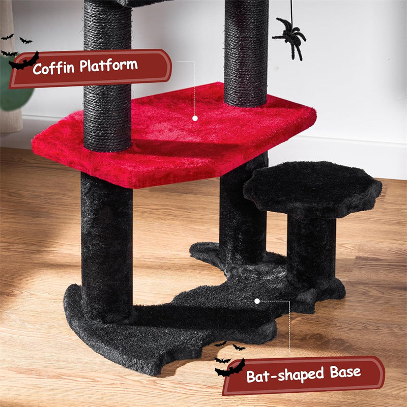 Gothic Cat Tree With Coffin Cat Tower Coffin With Scratching Post Spider Hanging Ball Halloween Black Pet Furniture