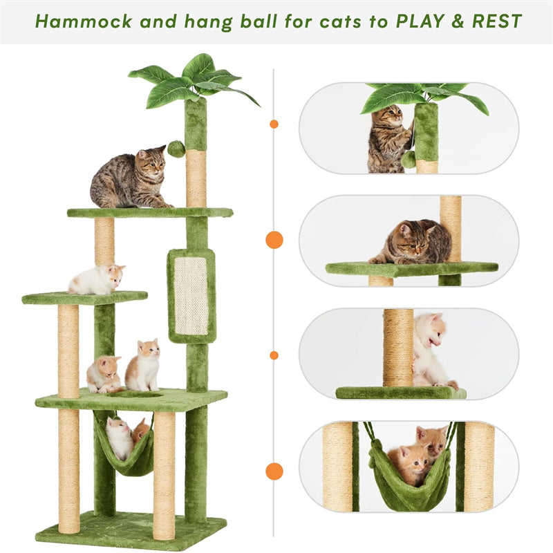 55\" Wood Cat Tree for Indoor Cats Multi-Level Large Cat Tower With Hammock Green Leaves Print Sustainable Feature