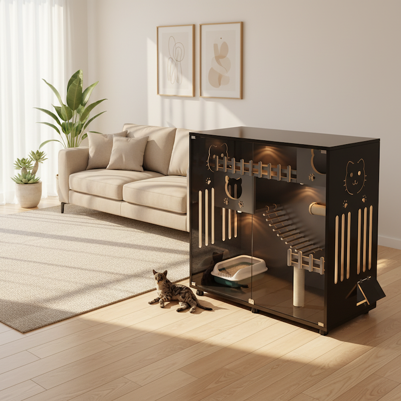 Luxurious Wooden Eco-Friendly Durable Double-Door Cat Villa, Creative Indoor Applicable, Large Pet Play Cage for Two Cats