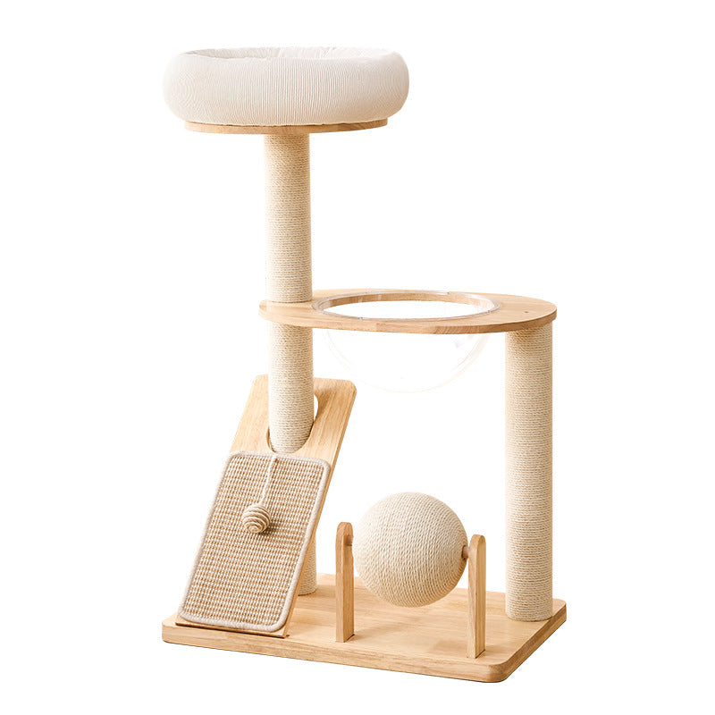 Luxury Large Solid Wood Cat Tree Tower With Cat Interactive Ball Toy Cat Climbing Frame With Cat Bed Cat Rolling Ball