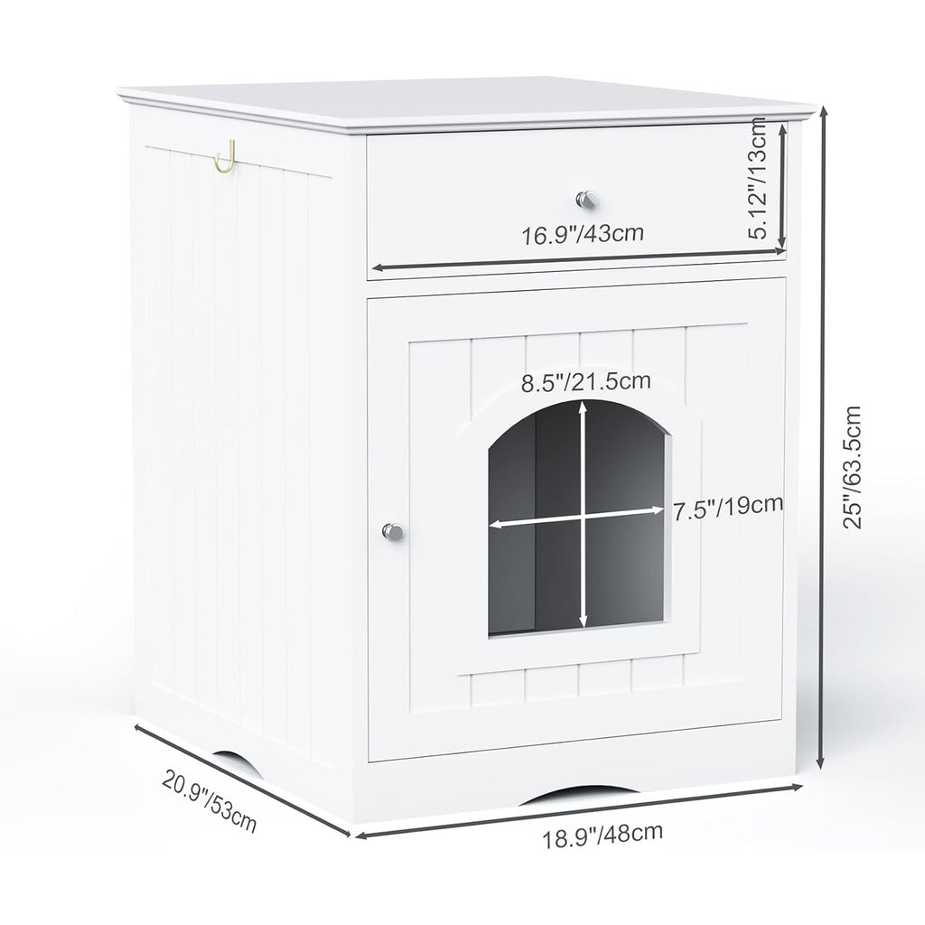 White Wooden Pet Furniture Hidden Cat Litter Box Enclosure Cabinet Drawer Cat Crate & End Table Fits Most Litter Boxes