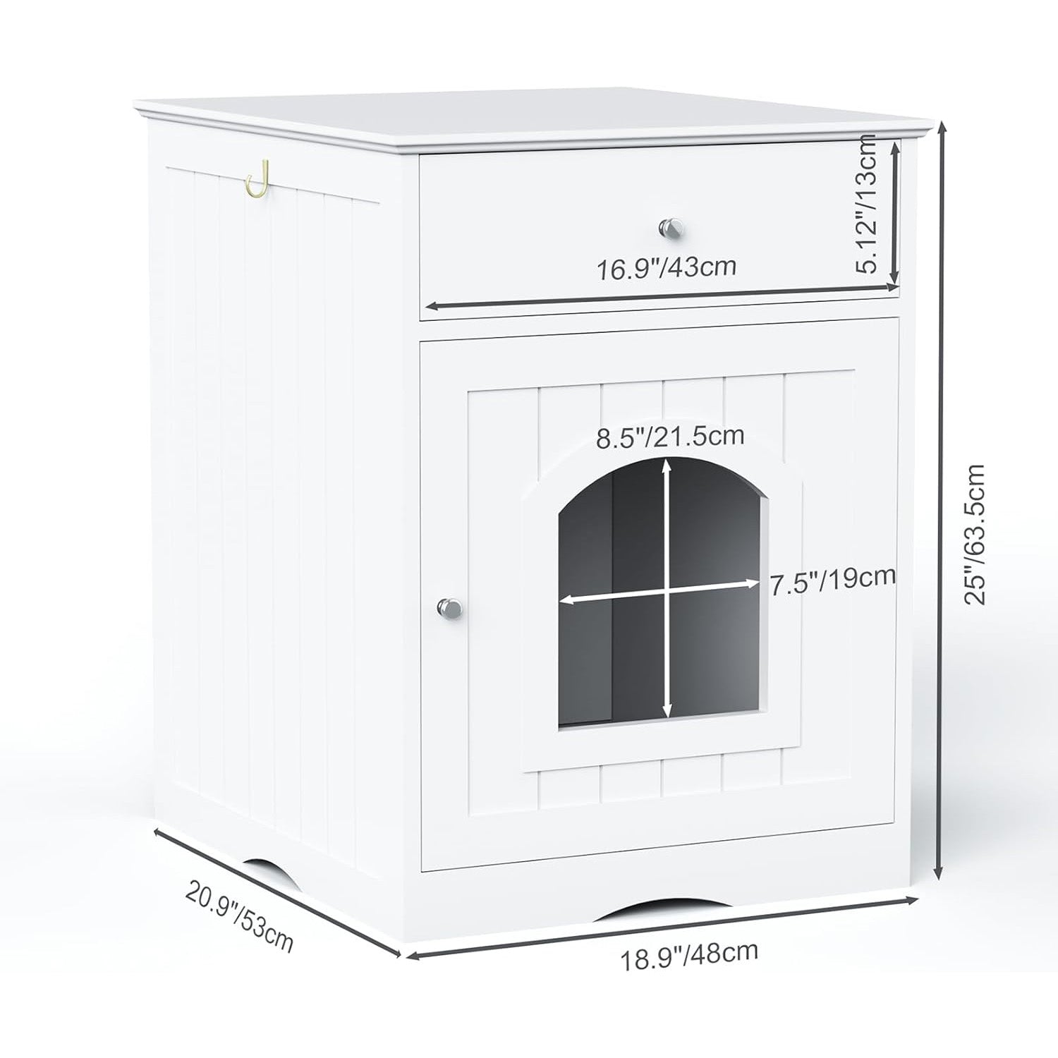 White Wooden Pet Furniture Hidden Cat Litter Box Enclosure Cabinet Drawer Cat Crate & End Table Fits Most Litter Boxes