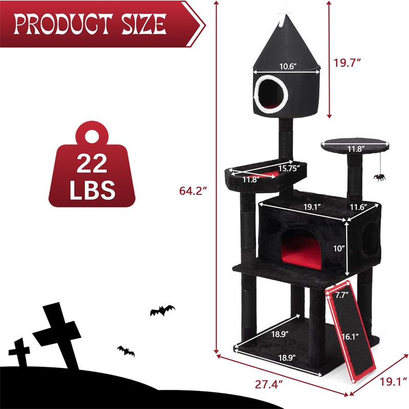 Gothic Cat Tree Black Multi-Level Wood Tower Spider Hanging Ball Cool Halloween Pet Furniture for Large Cats Scratching Post