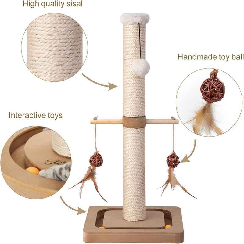 Premium Cat Scratching Post Wood Vertical Scratcher with Tracking Interactive Toys Sisal Print Design for Indoor Kittens & Cats