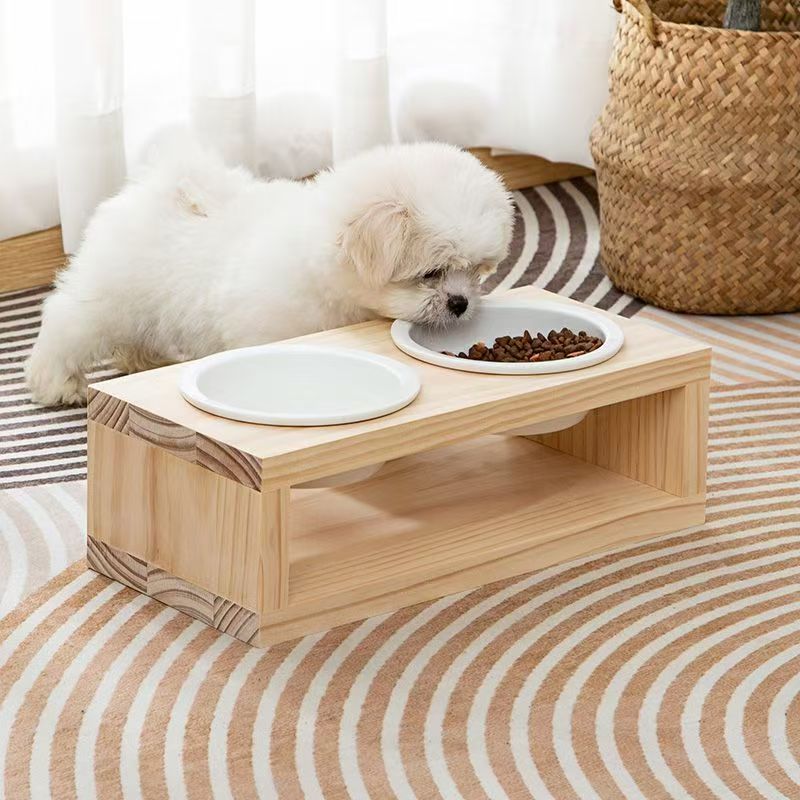 Pet Bowl Ceramic Pet Bowl Custom-made Pinewood Pet Bowl Stand for Small Pet Cats and Dogs