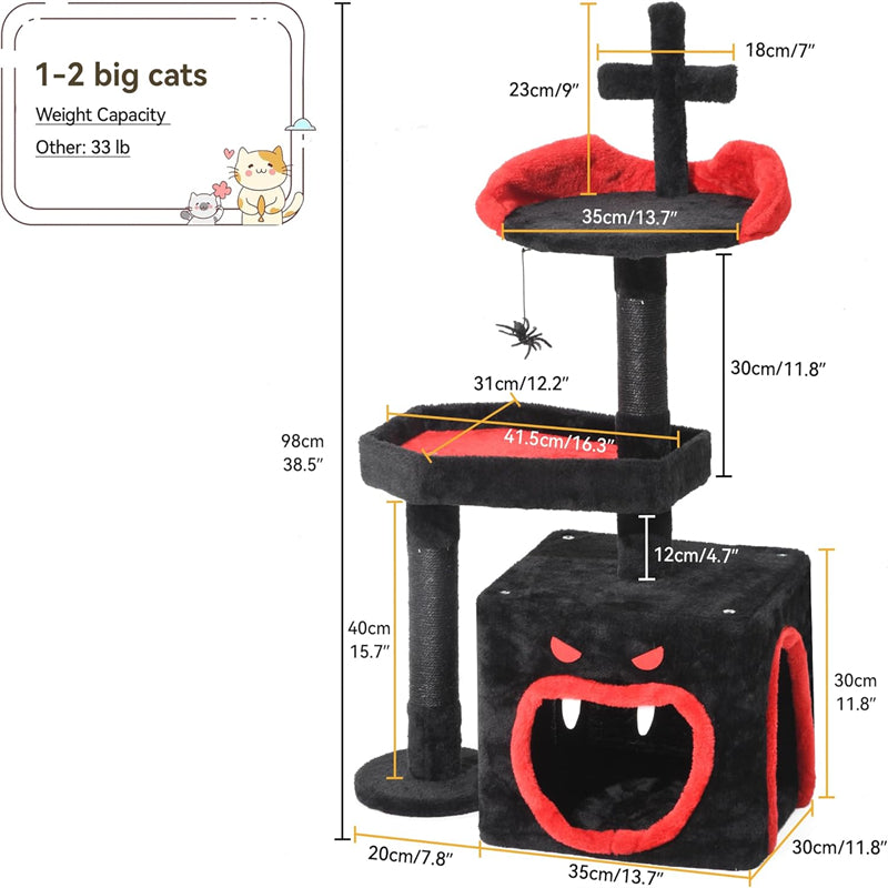 Gothic Halloween Cat Tree Spacious Spider Hanging Ball Scratching Post with Coffin Bed Cat Tower Black Indoor Wood Cat Tower
