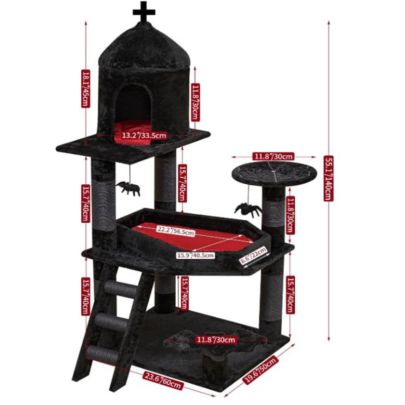 Gothic 55\" Cat Tower Spacious Wood Cat Condo with Spider Hanging Ball Printed Coffin Bed Black Halloween Cat Tree
