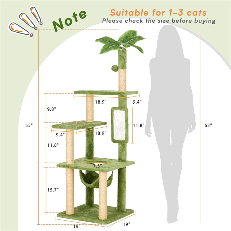 55\" Wood Cat Tree for Indoor Cats Multi-Level Large Cat Tower With Hammock Green Leaves Print Sustainable Feature