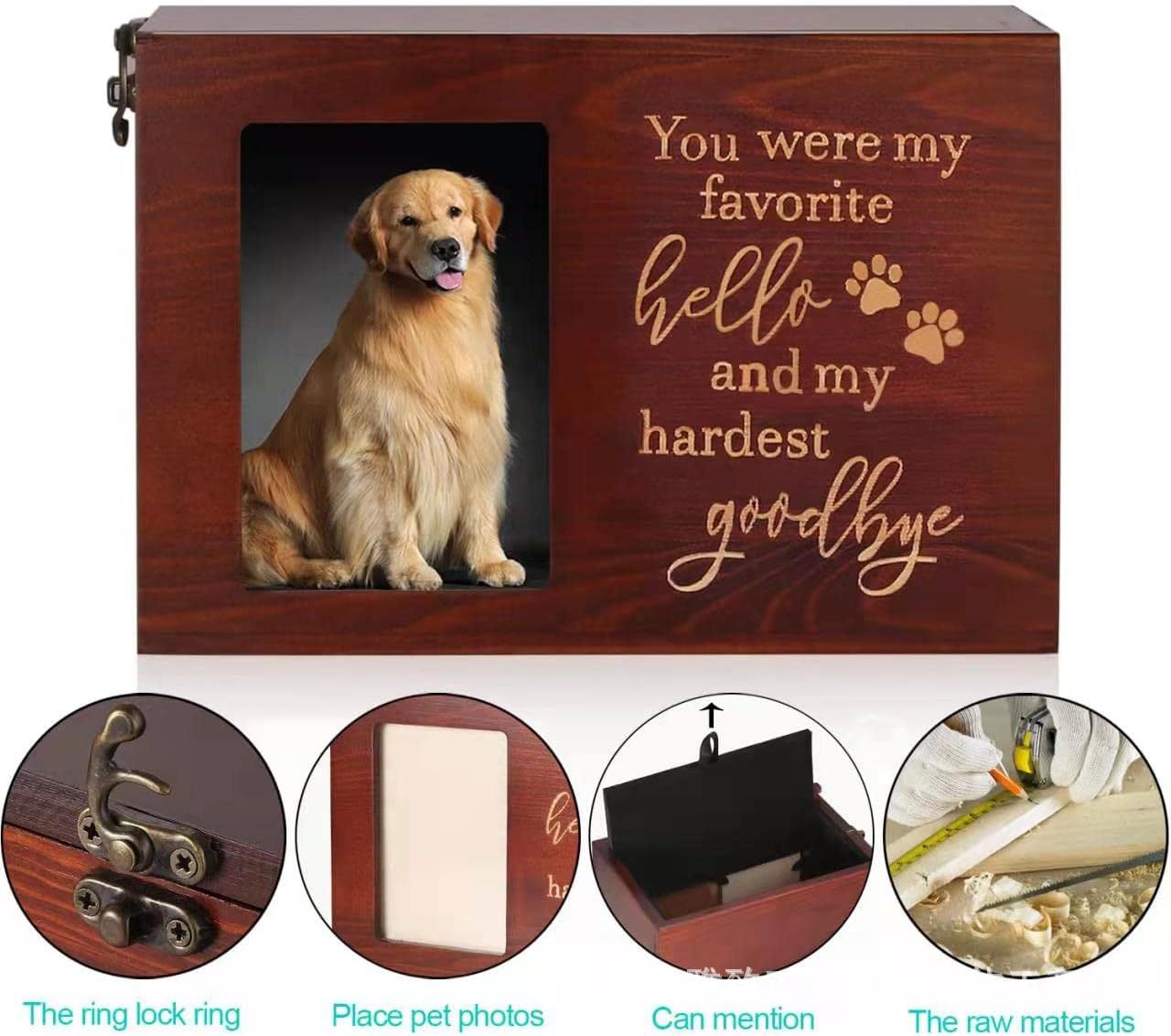 Eco-Friendly Classical Handmade Wood Rectangle Pet Cremation Urn for Cats & Dogs with Keepsake Photo Frame and Ashes Storage