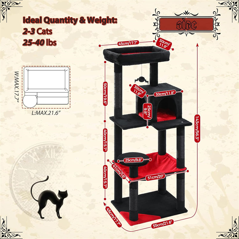 56.3" Gothic Cat Tree for Indoor Cats Sisal Covered Scratching Posts, Cozy Condo and Top Perch Black