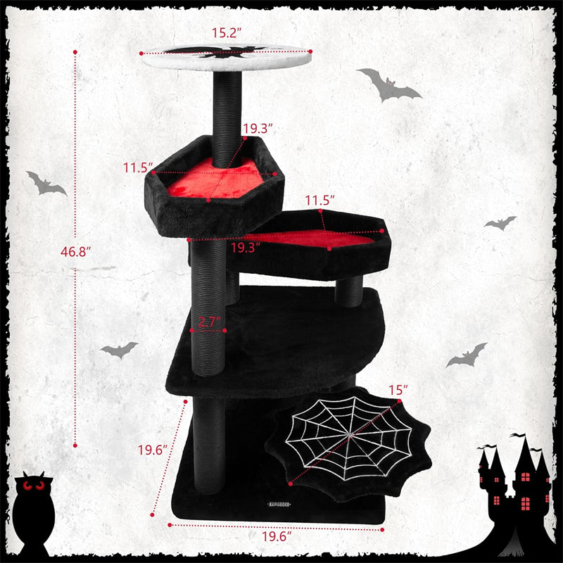 Large Gothic Halloween Cat Tower Black Indoor Wood Scratching Posts with Printed Coffin Bed Decorative Pet Bed for Cats